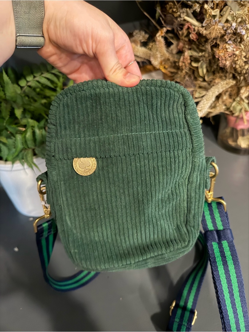 Rowing Blazers Dark Green Corduroy Crossbody with Gold Accent